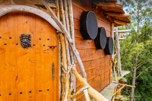 A rustic wooden cabin with a round door and log accents, surrounded by trees and greenery.