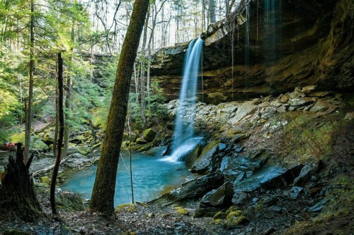 A serene waterfall cascades over rocks into a tranquil pool, surrounded by lush green trees and a peaceful forest setting.