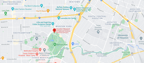 Map of Houston highlighting various cultural and educational landmarks, including museums and universities.