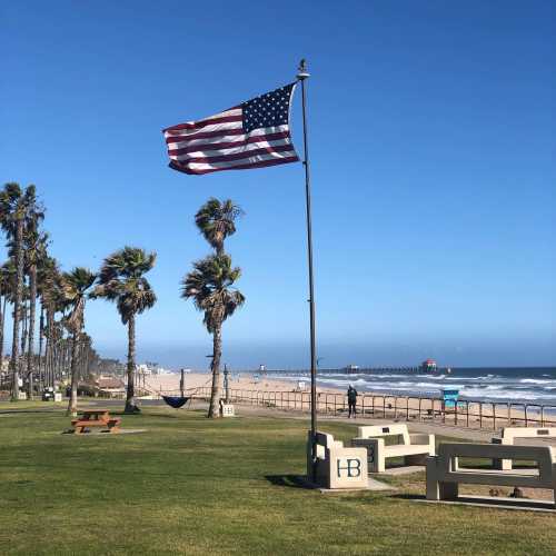 A U.S. flag waves near a beach with palm trees, a pier in the distance, and clear blue skies.