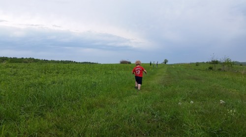 A young child walks along a grassy path in a field, with two people visible in the distance under a cloudy sky.