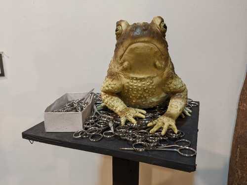 A large frog sculpture sits atop a table surrounded by metal rings, with a small box of rings beside it.