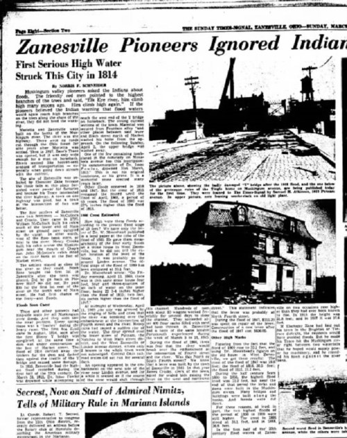 A historical newspaper page discussing Zanesville's high water in 1814 and its impact on local pioneers and Native Americans.