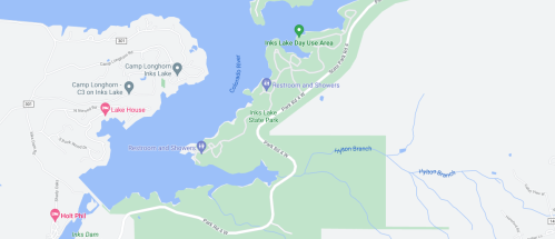 Map of Inks Lake State Park, showing the lake, campgrounds, and day-use areas.