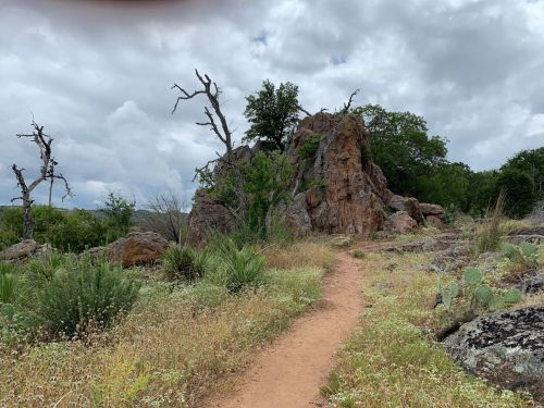 A rocky outcrop surrounded by greenery and a dirt path under a cloudy sky.