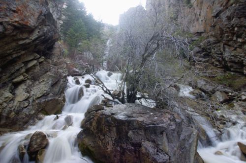 A rushing waterfall cascades over rocks, surrounded by rugged cliffs and sparse trees in a serene natural setting.