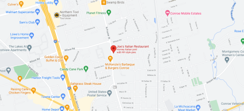 Map showing the location of Joe's Italian Restaurant near other local businesses in Conroe, Texas.