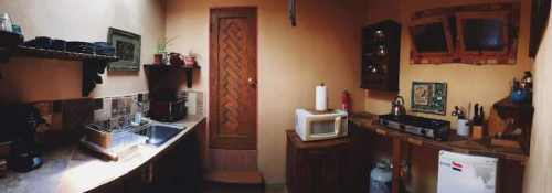 Cozy kitchen with wooden accents, a sink, stove, microwave, and shelves filled with dishes and plants.