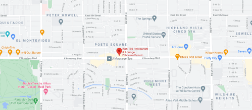 Map showing the location of Koi Tiki Restaurant and Lounge in a neighborhood with nearby streets and landmarks.