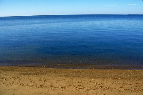 A calm blue lake with a sandy shore under a clear sky.