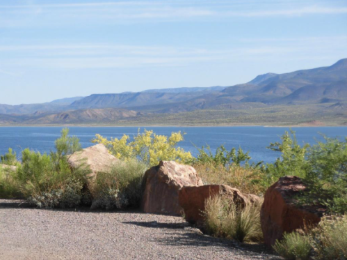 Scenic view of a lake surrounded by mountains and greenery under a clear blue sky.