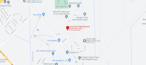 Map showing the location of Lone Star Flight Museum near Ellington Field and various nearby businesses.