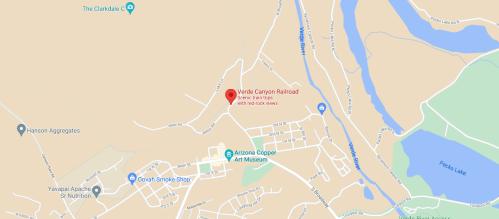Map showing the location of Verde Canyon Railroad, highlighting scenic train trips with scenic views.