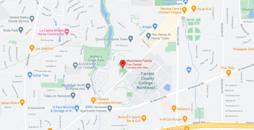 Map showing the location of Mountasia Family Fun Center near Tarrant County College and various nearby businesses.