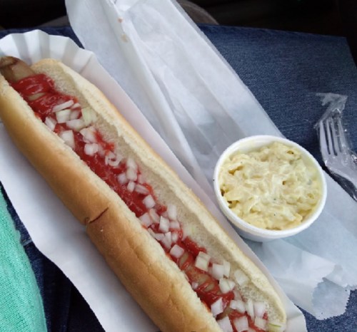 A hot dog in a bun topped with ketchup and onions, served with a side of coleslaw in a small cup.