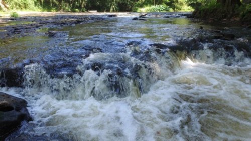 A serene river scene with cascading water over rocks, surrounded by lush greenery and sunlight filtering through trees.