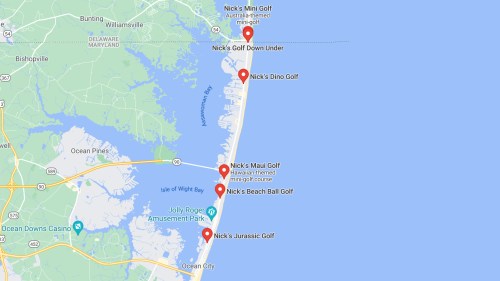 Map showing various golf locations in Ocean City, including Nick's Mini Golf and Nick's Dino Golf.
