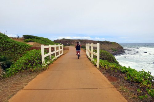 A person rides a bicycle along a coastal path with greenery on one side and the ocean on the other.