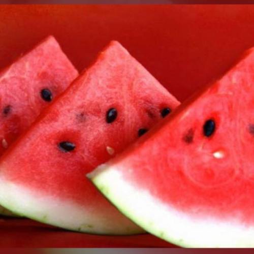 Three slices of juicy watermelon on a red background, showcasing vibrant pink flesh and black seeds.