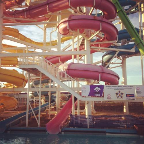 Colorful water slides twist and turn at a water park, with a pool at the bottom and a clear sky above.