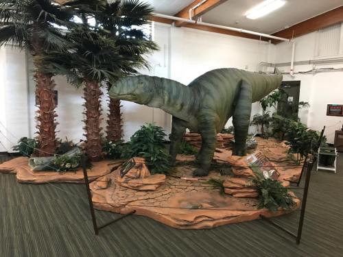 A life-sized dinosaur model surrounded by palm trees and greenery in a museum setting.