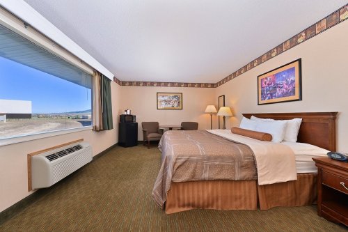 Cozy hotel room with a queen bed, seating area, window view, and amenities like a mini-fridge and air conditioning.