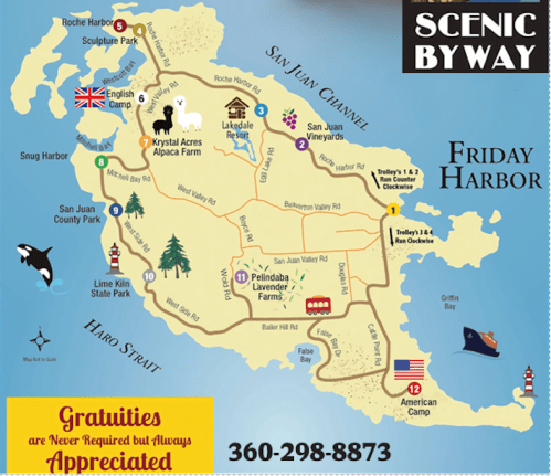 Map of San Juan Island highlighting scenic routes, attractions, and contact information for local businesses.