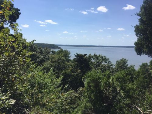 A scenic view of a lake surrounded by lush greenery and blue skies with scattered clouds.