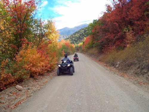 Two ATVs ride down a dirt road surrounded by vibrant autumn foliage in a mountainous landscape.