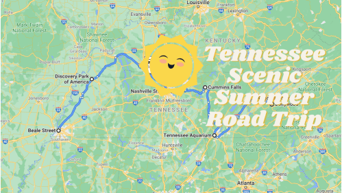 Map of Tennessee highlighting a scenic summer road trip route from Beale Street to Cummins Falls and Tennessee Aquarium.