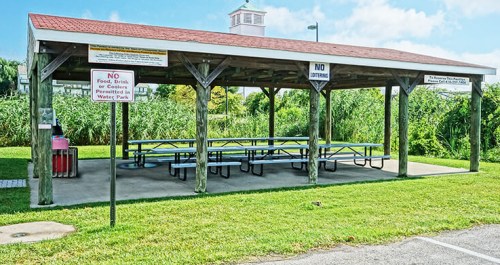 A covered picnic area with benches, surrounded by greenery, and signs prohibiting food and drink.