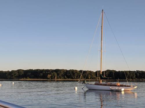 A sailboat anchored on calm water with trees in the background under a clear blue sky.