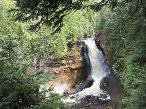 A cascading waterfall surrounded by lush green trees and rocky terrain in a serene natural setting.