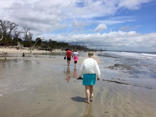 Four people walking along a sandy beach with driftwood and cloudy skies in the background.