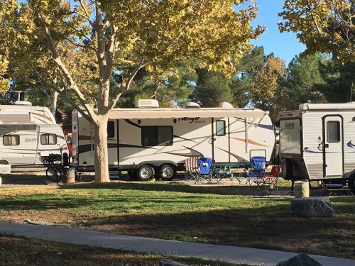A parked RV surrounded by trees and lawn chairs in a sunny campground setting.