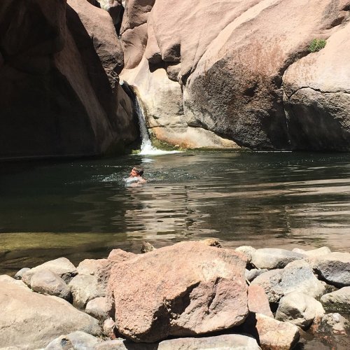 A person swims in a serene pool surrounded by large rocks and a small waterfall in the background.