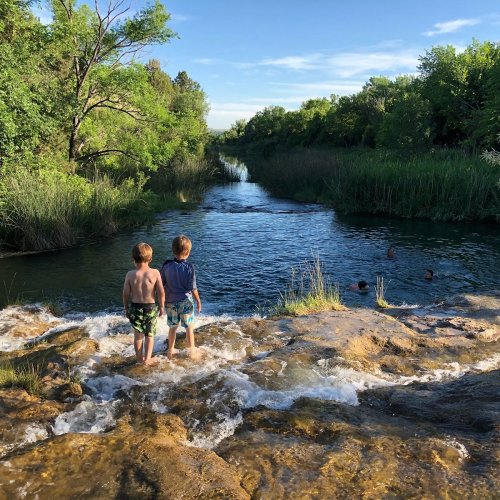 Two boys stand at the edge of a rocky stream, surrounded by lush greenery, with others swimming in the background.