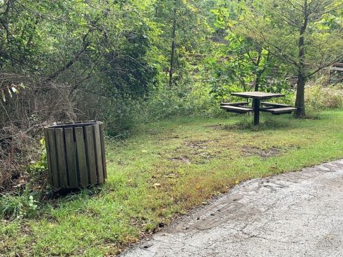 A wooden trash can beside a picnic table in a grassy area surrounded by trees.