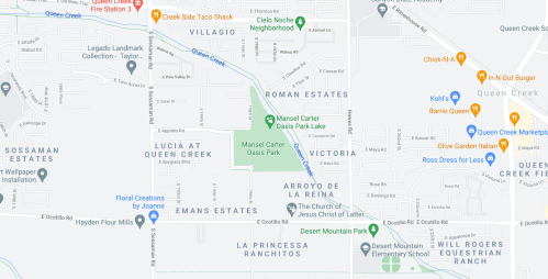 Map of Queen Creek, Arizona, highlighting neighborhoods, parks, and local businesses.