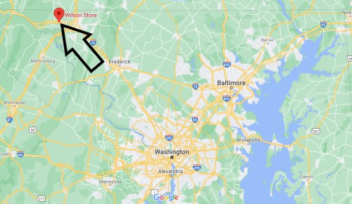 Map showing the location of Wilson Store, north of Washington, D.C., with an arrow pointing to its position.
