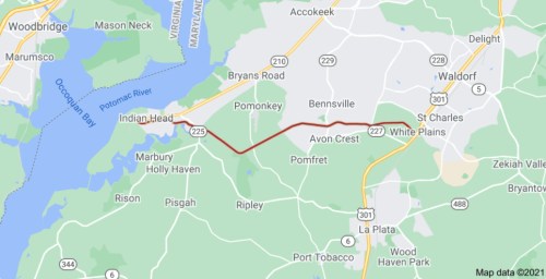 Map showing a route from Indian Head to White Plains, Maryland, with nearby towns and roads labeled.
