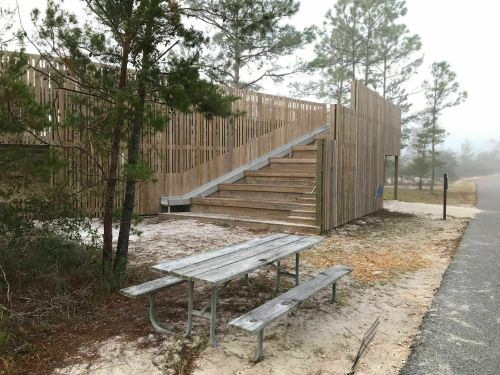 A wooden staircase leads up to a building, with a picnic table in the foreground and trees in a foggy setting.