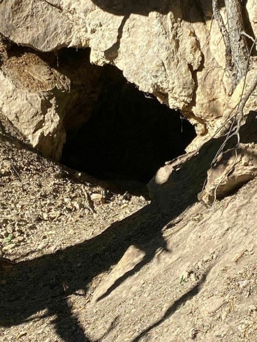 A dark cave entrance set into a rocky hillside, surrounded by dirt and sparse vegetation.