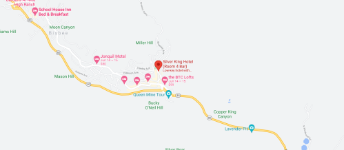 Map showing locations in Bisbee, Arizona, including hotels, attractions, and routes.