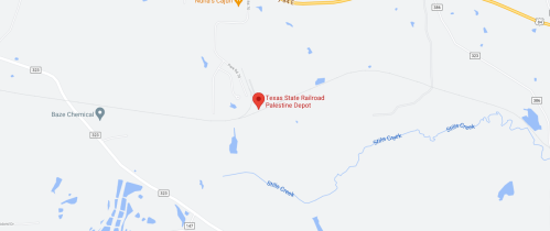 Map showing the location of Texas State Railroad Palestine Depot, with nearby roads and water features.