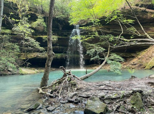 A serene waterfall cascades into a turquoise pool, surrounded by lush greenery and rocky terrain.