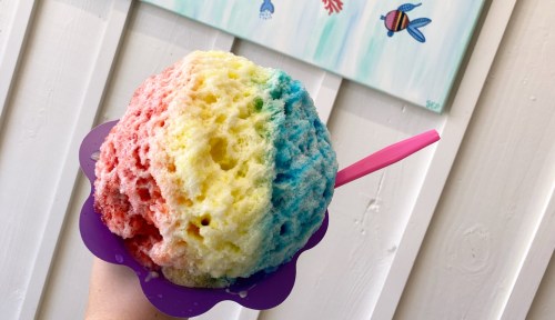 A colorful rainbow snow cone in a purple cup, held by a hand, with a pink straw against a white wall.