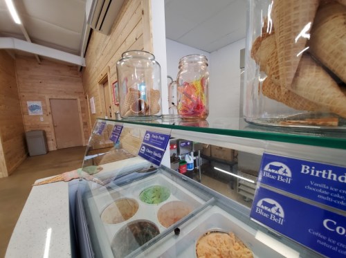 Ice cream shop display with various ice cream flavors in tubs, jars of toppings, and waffle cones in a wooden setting.