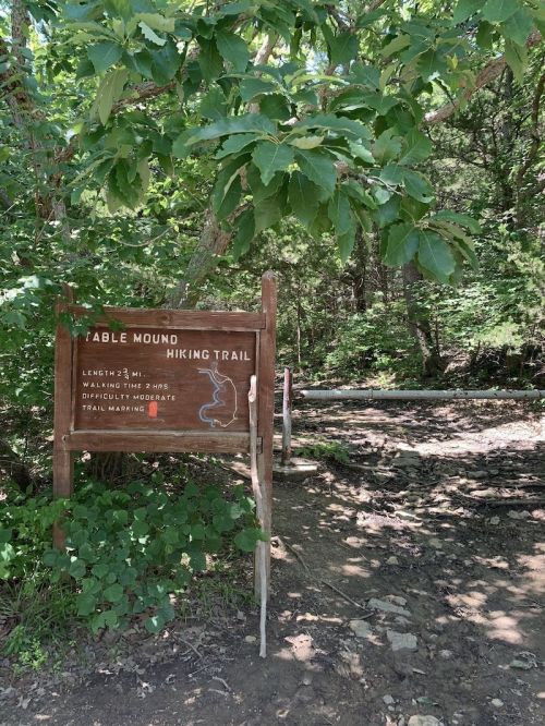 A wooden sign for Fable Mound hiking trail, detailing length, time, difficulty, and trail mapping, surrounded by trees.