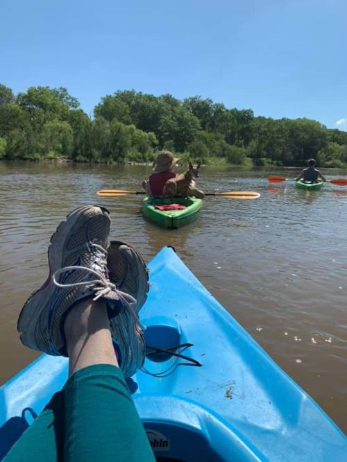 A person relaxes in a kayak, feet up, while another kayak with a dog paddles nearby on a sunny day.
